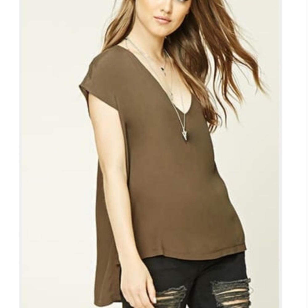 Olive Woven Crepe Short Sleeve Top
